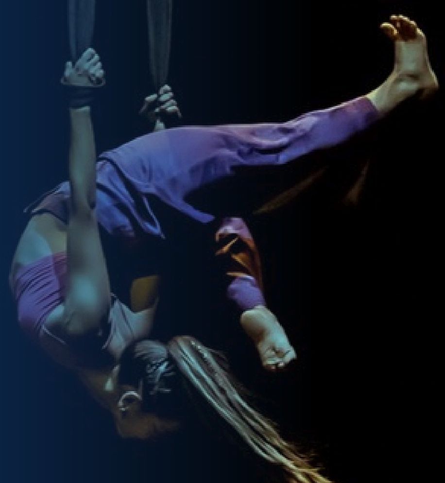 Artista de circo em performance aérea suspensa