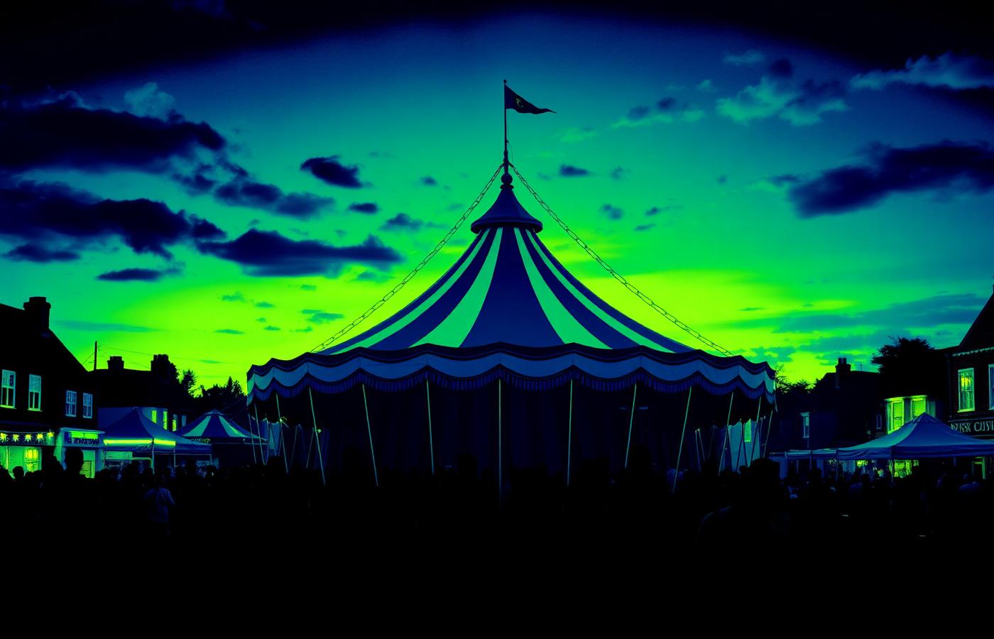 Tenda de circo iluminada numa praça de vila